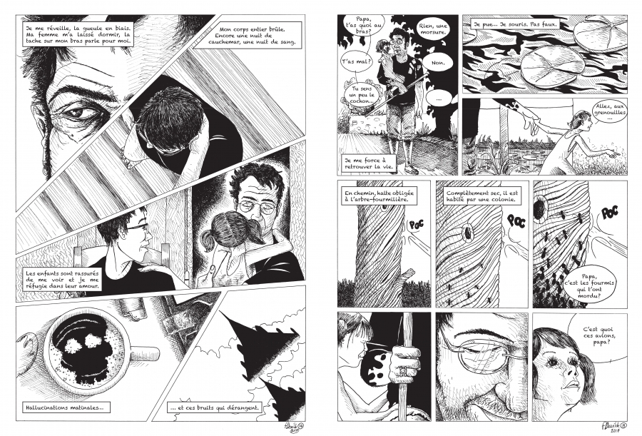 two panels from Fred Dewilde's new book, "La Morsure," or "The Bite."