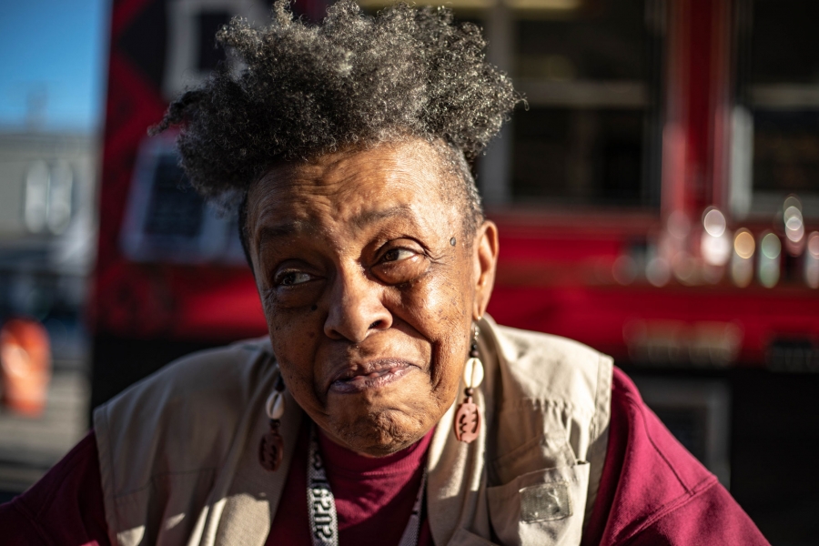 Resident Paula Larke of Clarkston, Georgia. Resident Paula Larke of Clarkston, Georgia, is shown in a portrait show with long earrings.