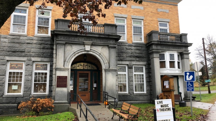 The front of the Haskell Free Library and Opera House straddles the US-Canada border in Stanstead, Quebec, Canada and Derby Line, Vermont, US, Nov. 2, 2018. The front of Haskell Free Library and Opera House.
