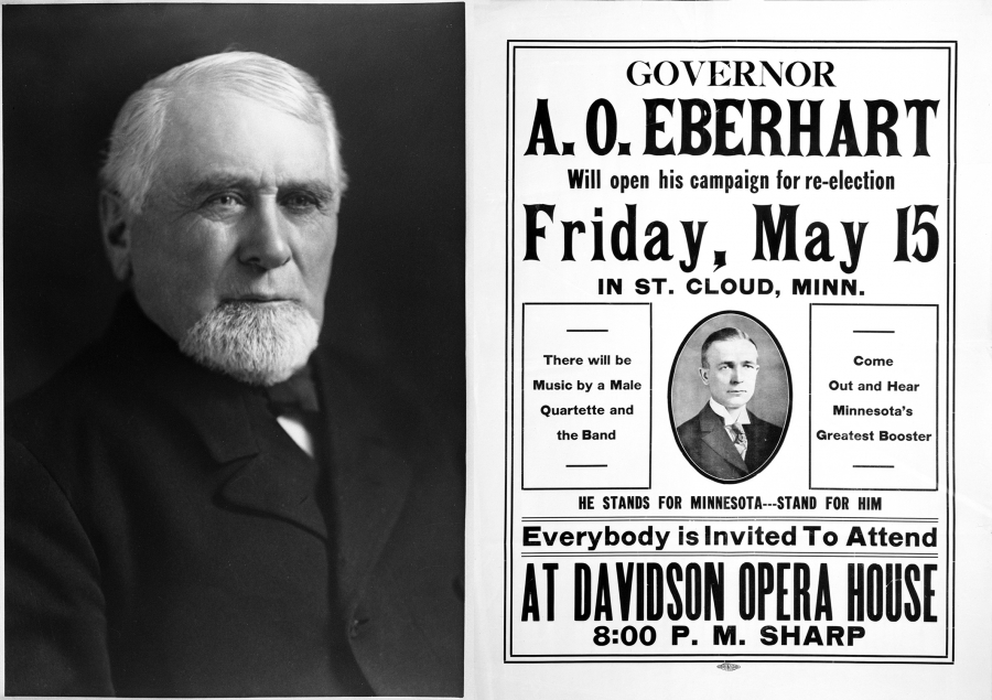A headshot of an older man and a political poster from 1914.