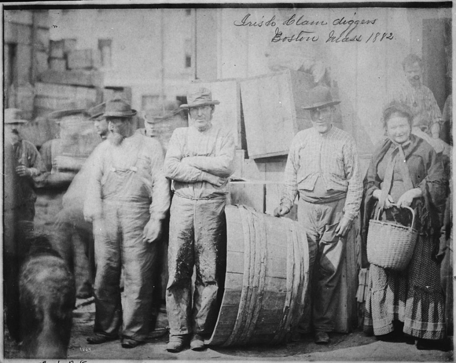 Irish clam diggers in Boston Bearded Irish clam diggers and a matronly companion. A black and white photo from 1882.