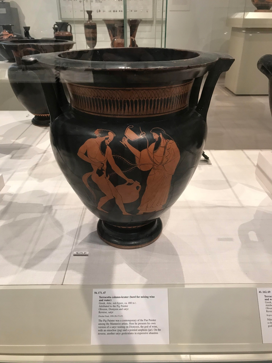 A terracotta mixing bowl from 480 B.C. with a picture of a satyr painted on it. A terracotta mixing bowl from 480 B.C. with a picture of a satyr painted on it.