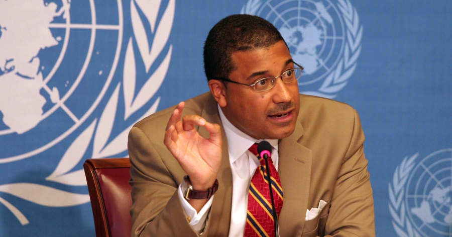 Frank A. Rose, former deputy assistant secretary of state for Defense Policy and Verification Operations and current Brookings fellow, speaking at a press conference in Geneva, July 13, 2010. Closeup of Frank A. Rose with UN logo in background.