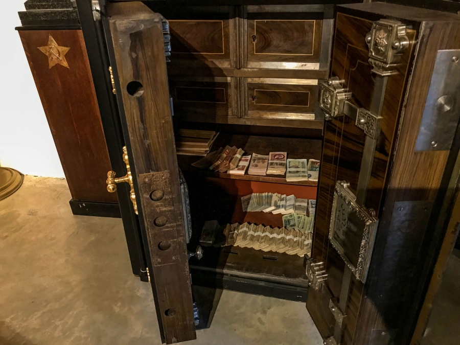 The office also includes a safe filed with 140,000 in Soviet-era rubles used to pay spies. This was fortune in Soviet times — enough to buy 30 cars — but today is worth about $2,000. A safe is shown filed with 140,000 in Soviet-era rubles.