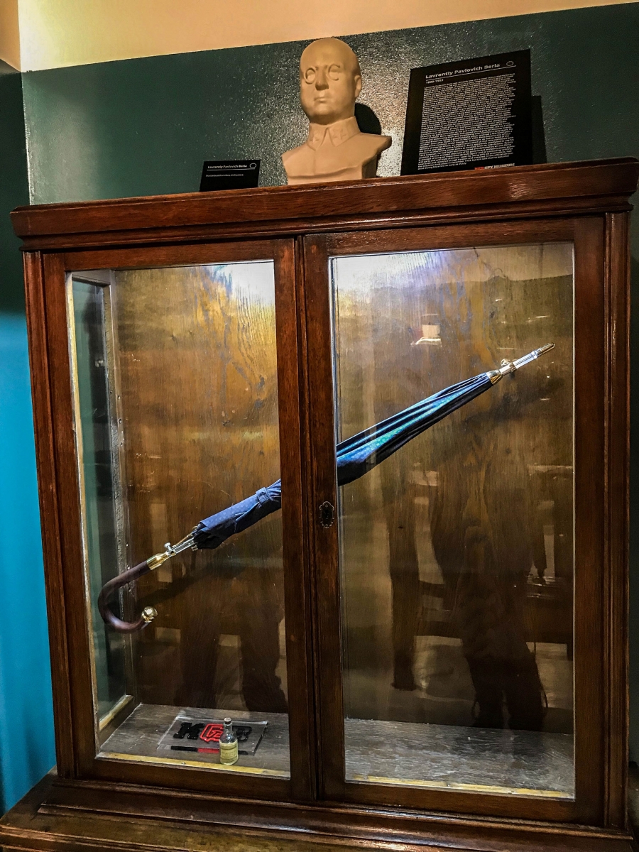 The famous killer umbrella, used to murder Bulgarian dissident writer Georgi Markov in broad daylight on a London bridge. A KGB operative fired a pellet filled with Ricin, a lethal toxin, into his leg. A killer umbrella is shown. It could fired a pellet filled with Ricin, a lethal toxin.