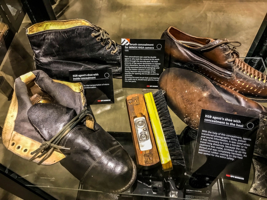 KGB prop masters raised camouflage to an art form. Here a concealment device — used to transport anything from film negatives to vials of poison — is tucked into an ordinary shoe polishing brush. A KGB concealment device — used to transport anything from film negatives to vials of poison — is tucked into an ordinary shoe polishing brush.
