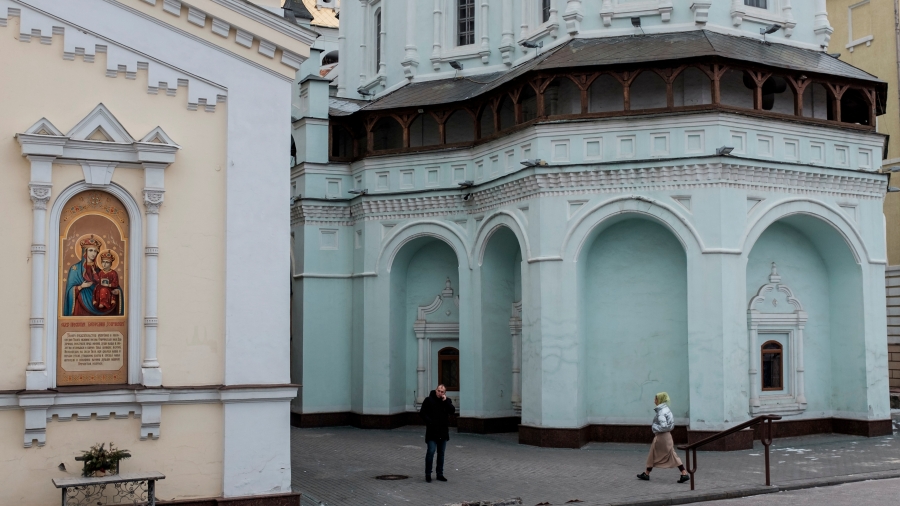 A Moscow-affiliated church. A Moscow-affiliated church with light blue painted walls.
