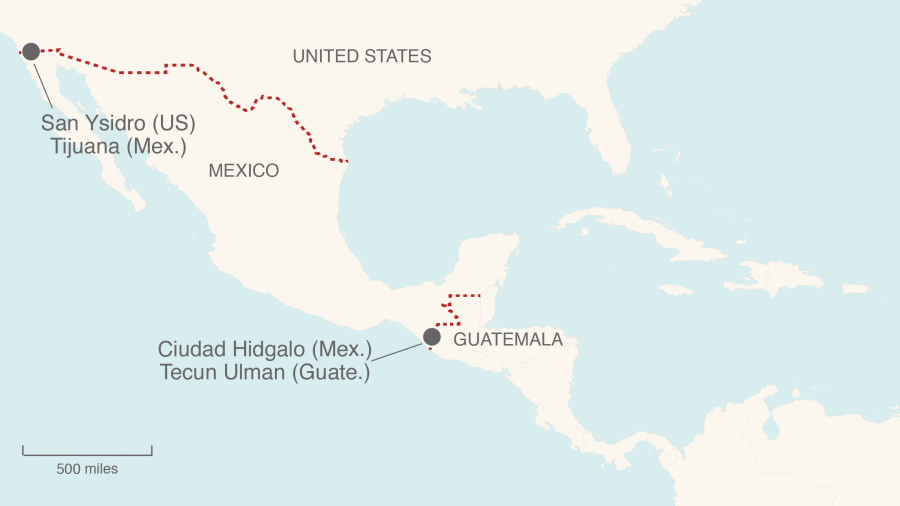 A map shows border crossings into Mexico from Guatemala and into the US from Mexico.