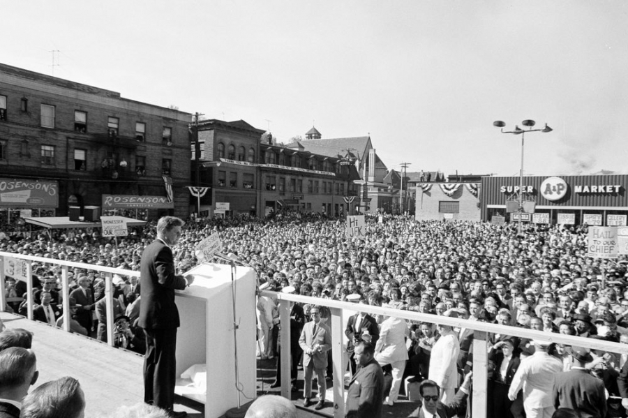 President John F. Kennedy delivers remarks to a congressional campaign rally in Monessen, Pennsylvania, October 13, 1962. President John F. Kennedy delivers remarks to a congressional campaign rally in Monessen, Pennsylvania, October 13, 1962.