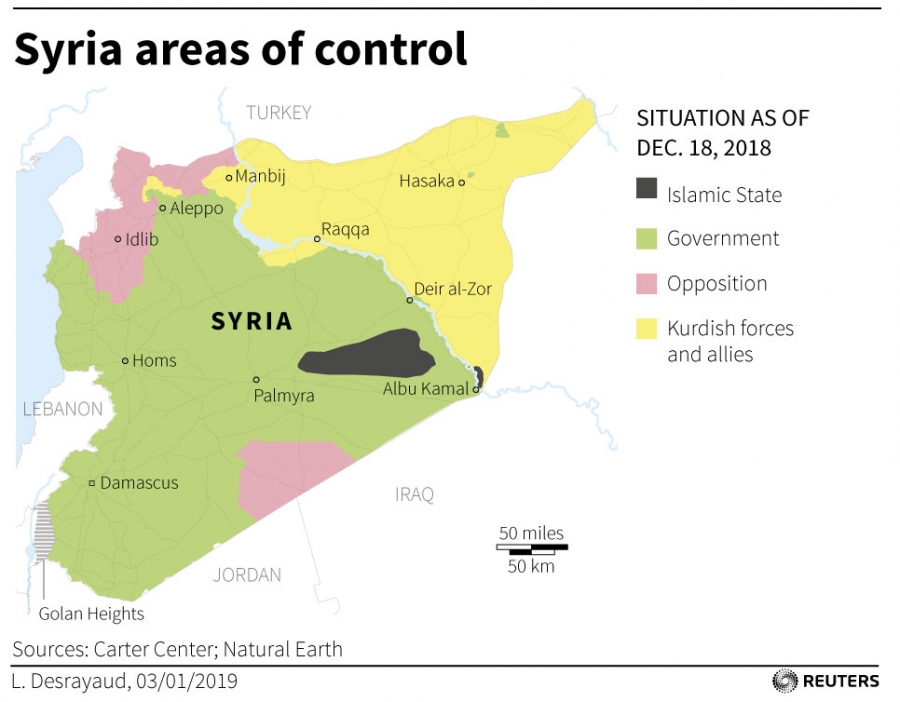 Syria areas of control. A map shows the territories controled by ISIS, the Syrian government and other parties.