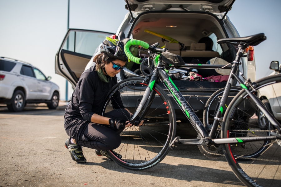 Doaa Naeem gets ready to ride her bike in Jeddah, Saudi Arabia. Doaa Naeem gets ready to ride her bike in Jeddah, Saudi Arabia.