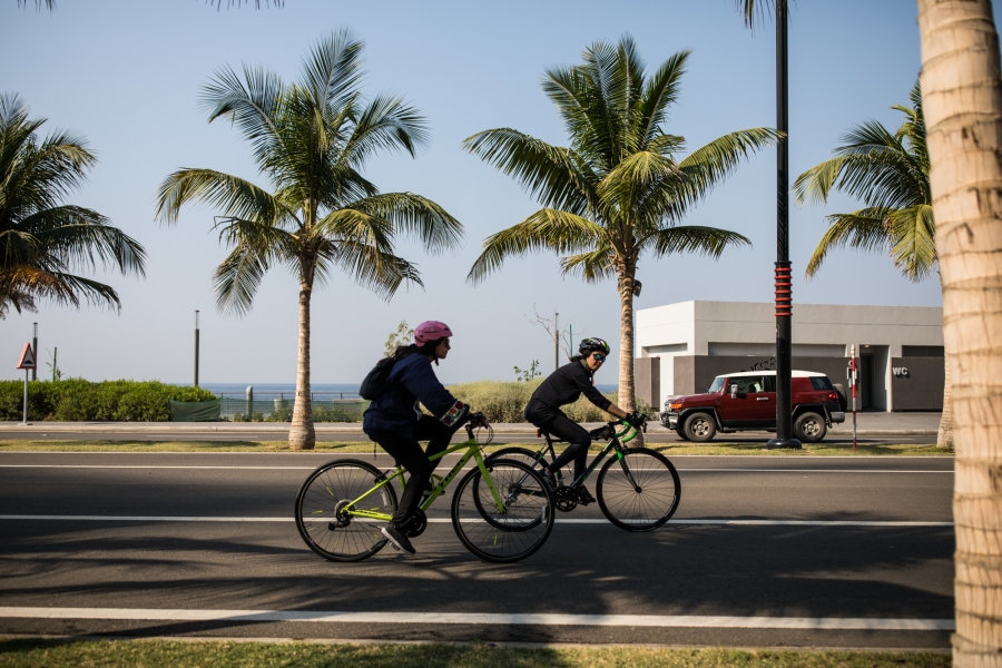Doaa Naeem and her sister Fatimah Naeem ride their bikes in Jeddah, Saudi Arabia. Doaa Naeem and her sister Fatimah Naeem ride their bikes in Jeddah, Saudi Arabia.