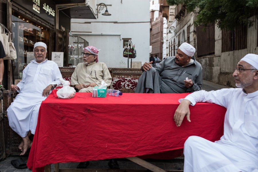 Men enjoy an afternoon tea in Al-Balad, Jeddah, Saudi Arabia. Men enjoy an afternoon tea in Al Balad, Jeddah, Saudi Arabia.