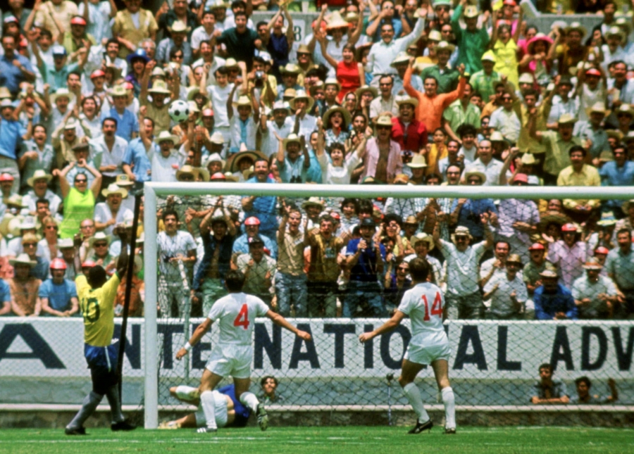 England's Gordon Banks makes an incredible save from Brazil's Pele.