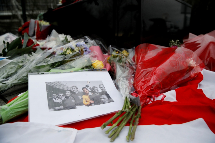 Tributes are placed on a statue of Gordon Banks outside the bet365 Stadium, Stoke-On-Trent, Britain, Feb. 12, 2019
