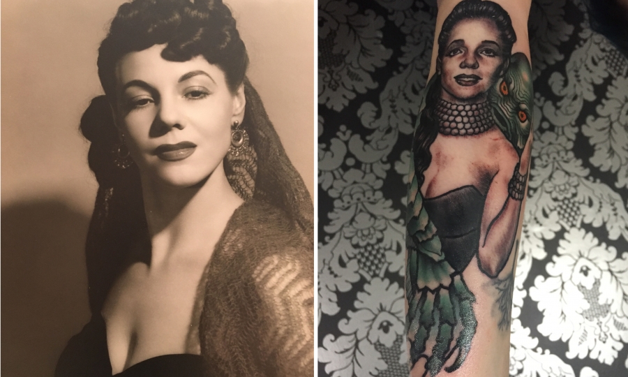 Milicent Patrick and the author’s tattoo of Milicent Patrick and her creature. Milicent Patrick and the author’s tattoo of Milicent Patrick and her creature.