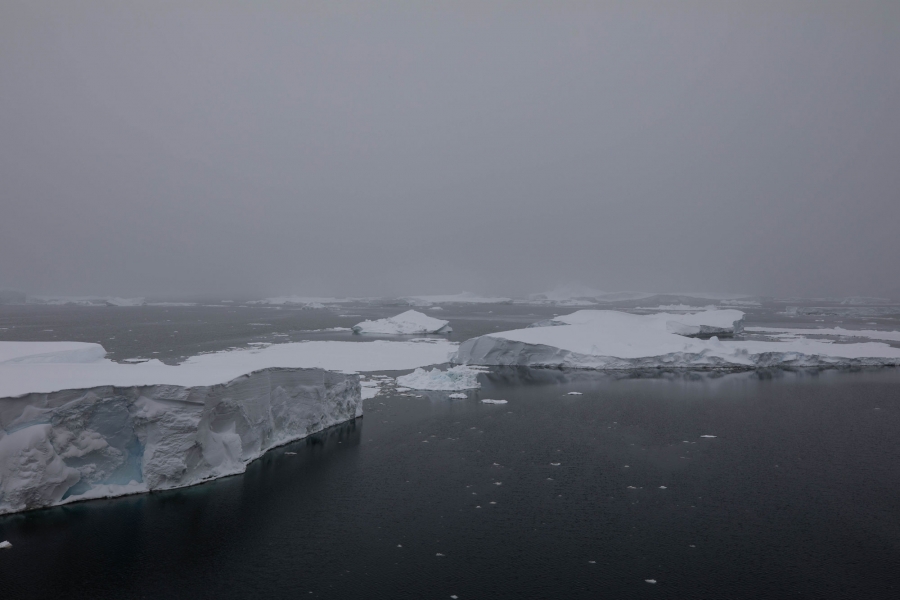 Sea ice and icebergs broken off of Thwaites were blown westward by recent storms, compacting them west of the main glacier faces and allowing the Nathaniel B. Palmer to reach areas never before studied. Sea ice and icebergs are shown broken off of Thwaites and blown westward.