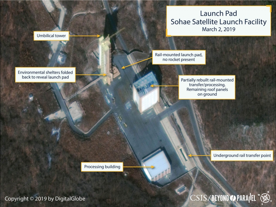 The Sohae Satellite Launching Station launch pad features what researchers describe as showing the partially rebuilt rail-mounted rocket transfer. Several tall buildings are shown from a satellite image at the Sohae Satellite Launching Station.