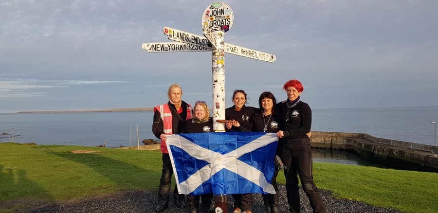 Hayley Bell (third from right), Colette Edeling (second from right) and other riders in John O’Groats, Scotland, the starting point of the relay. Hayley Bell (third from right), Colette Edeling (second from right) and other riders in John O’Groats, Scotland, the starting point of the relay.