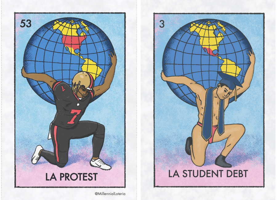 Illustrated cards depicting a football player holding a globe with the text "La Protest" and a man in a cap and stole with the text "La Student Debt"