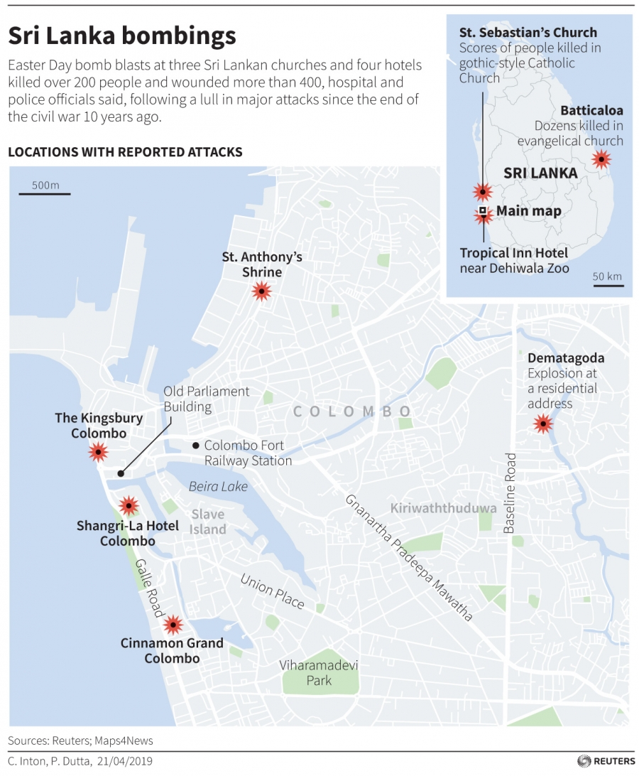 A map of Sri Lanka that marks where the explosions were located. A map of Sri Lanka that marks where the explosions were located.