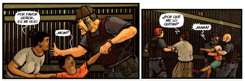 A comic book panel of an immigration officer taking a child away from his mother