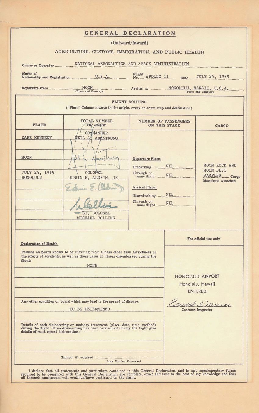 The customs and immigration form filled out by the returning Apollo 11 crew. A customs and immigration form is shown from 1969.