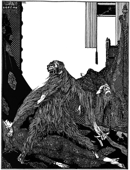 Harry Clarke's 1919 illustration for the story “The Murders in the Rue Morgue." Harry Clarke's 1919 illustration for the story “The Murders in the Rue Morgue."
