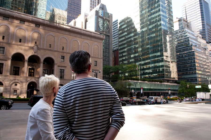 Frances Bronet and Kurt Andersen look at the Lever House building (right) from the Seagrams plaza. Frances Bronet and Kurt Andersen look at the Lever House building (right) from the Seagrams plaza.