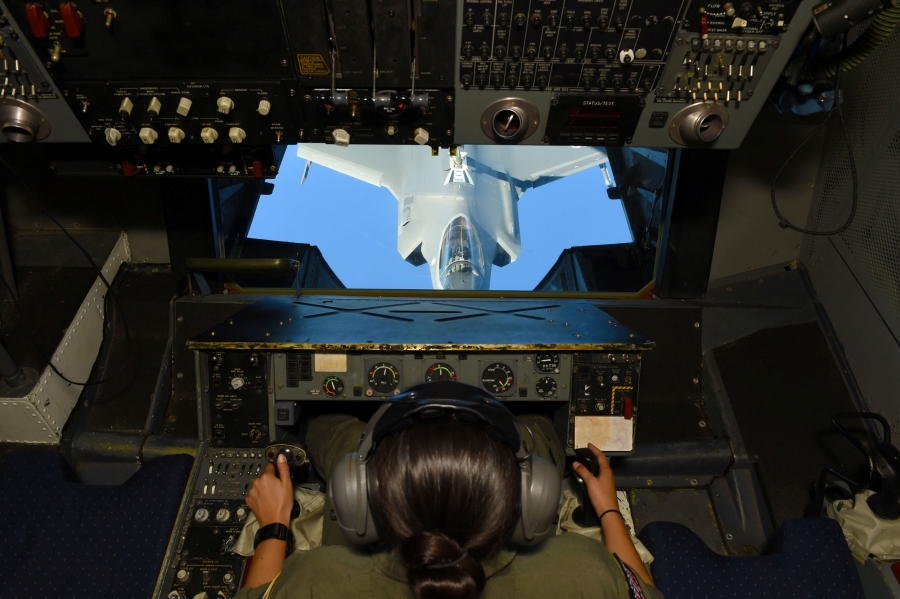 A woman pilots an F-35 plane