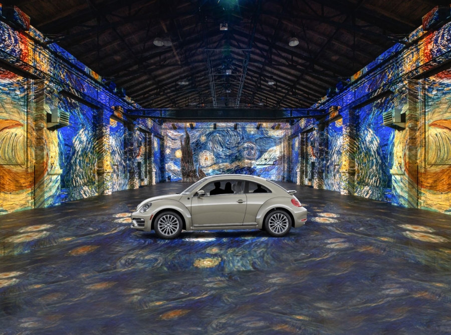 a image simulation of Van Gogh art projected in a room with a car in the center