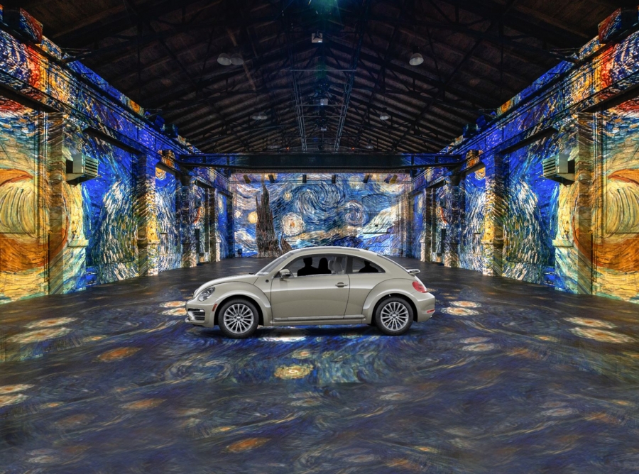 a image simulation of Van Gogh art projected in a room with a car in the center 