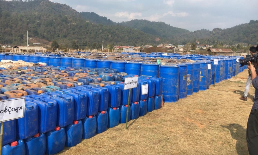 Barrels of chemicals seized from a drug lab in northern Myanmar. Barrels of chemicals seized from a drug lab in northern Myanmar.