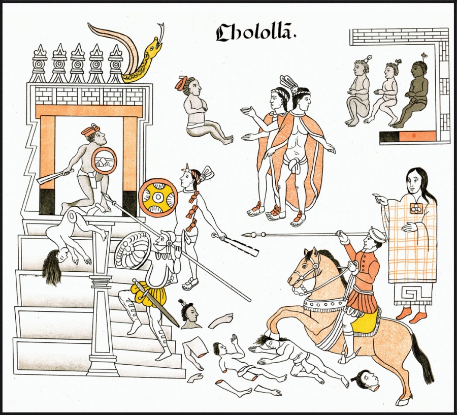 A depiction of the 1519 Cholula Massacre by Spanish conquistadors in 1519, made by Mexico’s Indigenous inhabitants. A drawing of a massacre of Indigenous Mexicans.