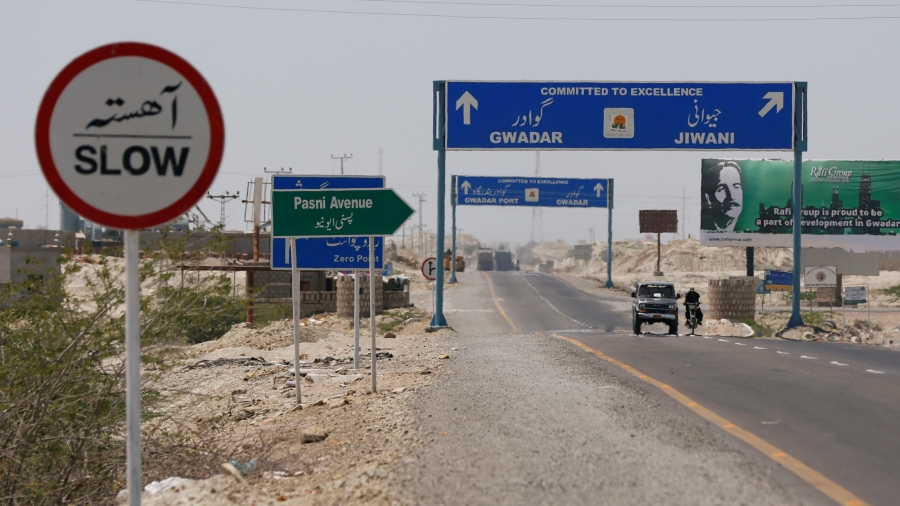 A general view of signs along a highway leading to Gwadar, Pakistan, April 12, 2017.