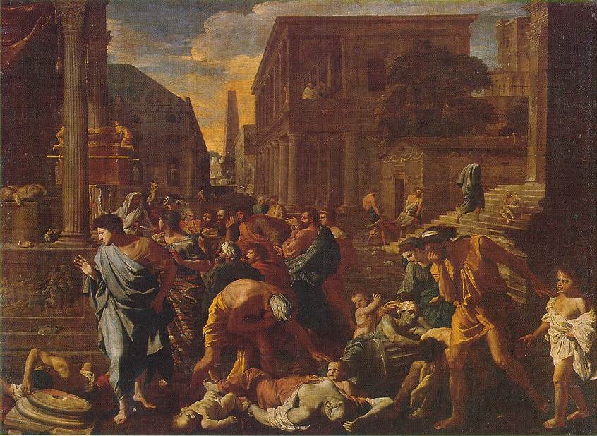 Poussin, The Plague of Ashdod, 1630. Poussin painted this during a plague that took place in Italy from 1629 to 1631, which influenced his accurate portrayal of the epidemic. A painting of people suffering from the Plague of Ashdod.