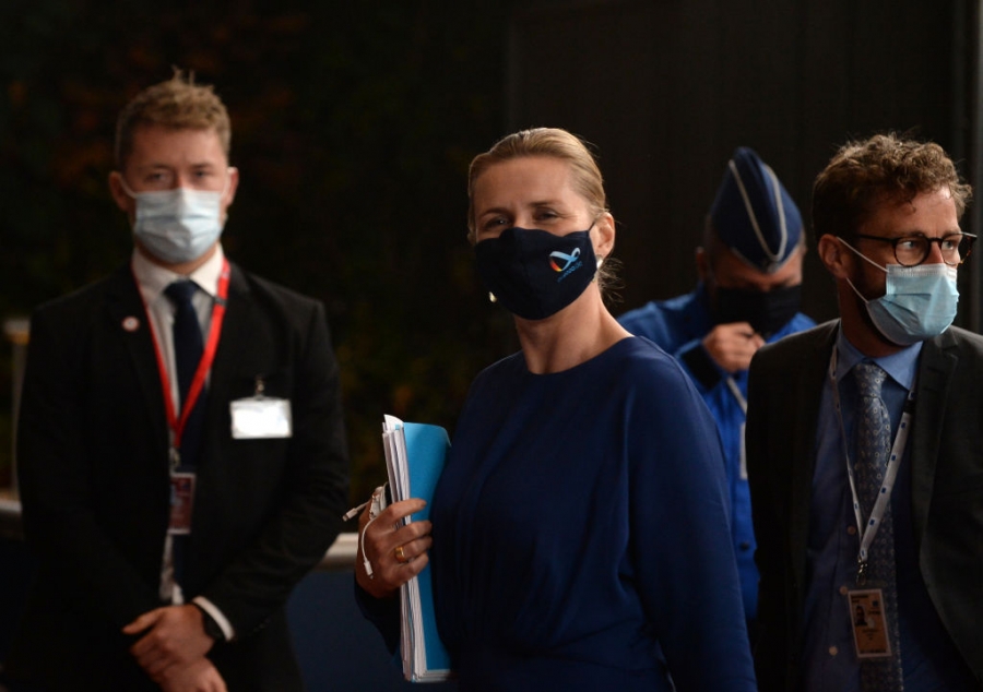 Denmark’s Prime Minister Mette Frederiksen attends a European summit in Brussels to discuss coronavirus aid. Denmark’s Prime Minister Mette Frederiksen wearing a face mask.