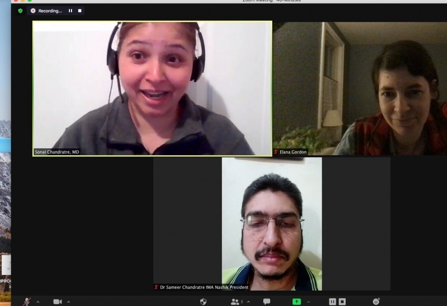Sonal and Sameer Chandratre speak during a Zoom call Zoom screen shot of two women and a man