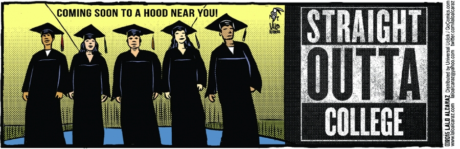 cartoon showing Latinos getting college degrees called "Straight outta college" cartoon showing Latinos getting college degrees called "Straight outta college"
