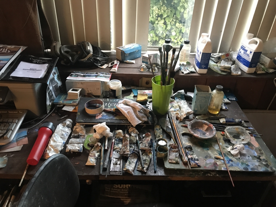 Kalman Aron typically paints at night in a small corner work space in his modest apartment in Beverly Hills. Kalman Aron typically paints at night in a small corner work space in his modest apartment in Beverly Hills.