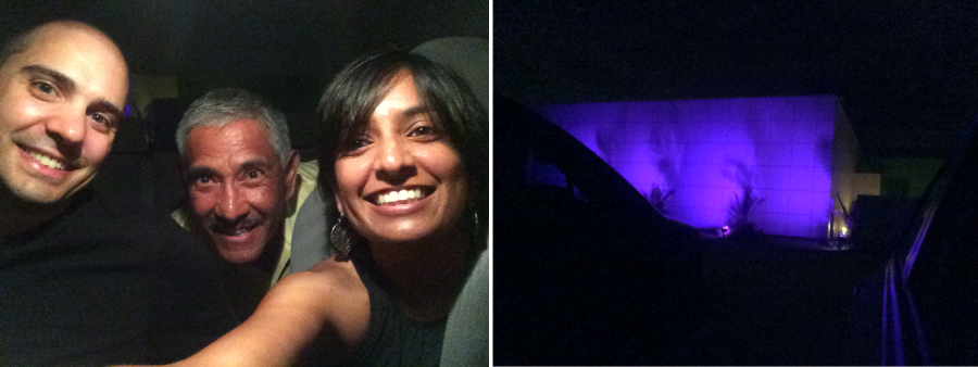 On the left, a selfie of the author and colleagues in their car in front of Paisley Park. On the right, a purple building at night.