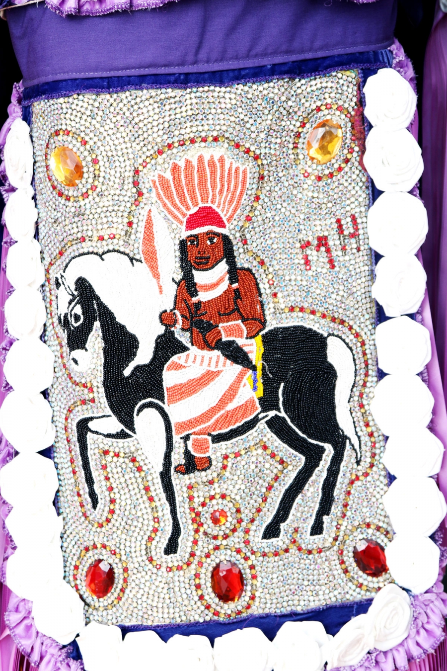 Beadwork on a former Mardi Gras Indian suit belonging to the late Big Chief Donald Harrison, Cherice Harrison Nelson’s father. Beadwork on a former Mardi Gras Indian suit belonging to the late Big Chief Donald Harrison, Cherice Harrison Nelson’s father.