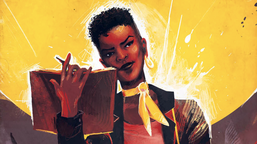 Comic still of woman against yellow backdrop holding up a book and pen