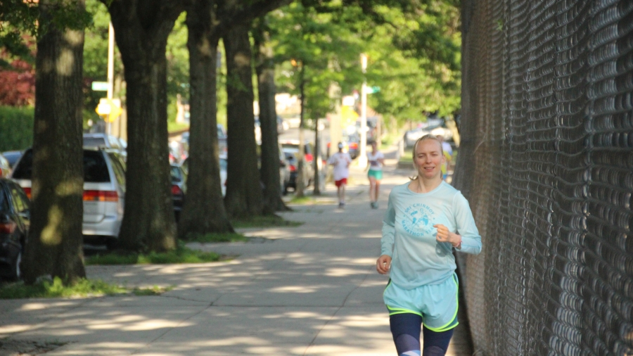 Jayasalini Olga Abramovskih from Russia makes a lap on the first day of the Self-Transcendence 3100 mile race. Runners alternate the direction they go around the block each day to avoid uneven wear on their bodies. Jayasalini Olga Abramovskih from Russia makes a lap on the first day of the Self-Transcendence 3100 mile race. Runners alternate the direction they go around the block each day to avoid uneven wear on their bodies.
