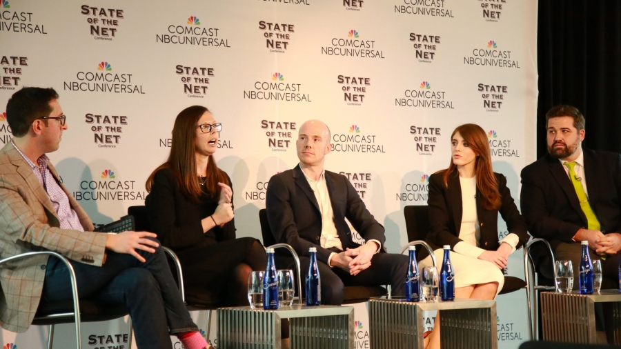 Blockchain Panel A group of panelists address an audience at the State of the Net Conference in January. The panel consists of (from left to right) Jason Kaplan, Hilary Swab Gawrilow, James Cross, Mercina Tillmann-Dick and Justin Herman.