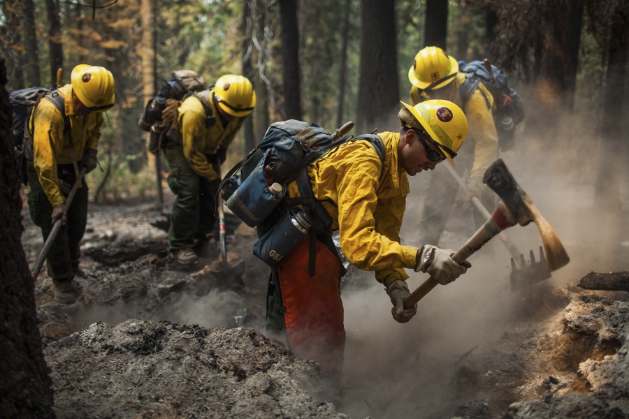 Firefighters from the Sequoia National Forest Cobra 4 hand crew mop up a spot fire Firefighters from the Sequoia National Forest Cobra 4 hand crew mop up a spot fire