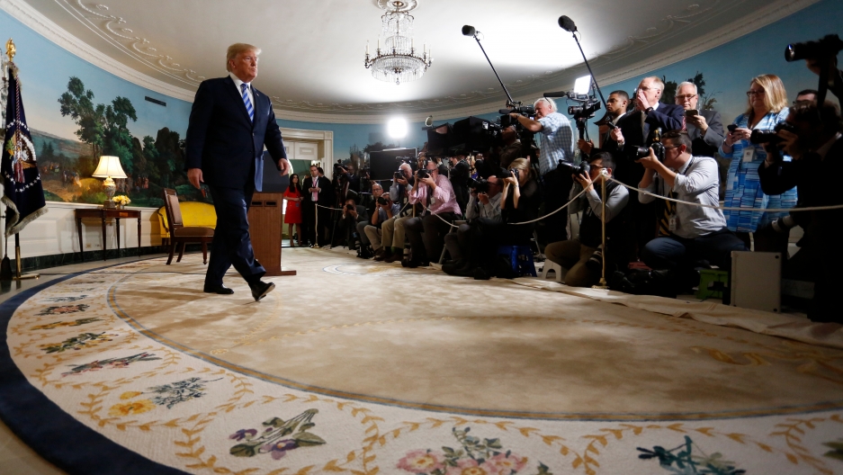 President Donald Trump walks away from the podium after announcing his intention to withdraw from the Iran nuclear agreement, May 8, 2018. President Donald Trump walks away from the podium after announcing his intention to withdraw from the Iran nuclear agreement, May 8, 2018.