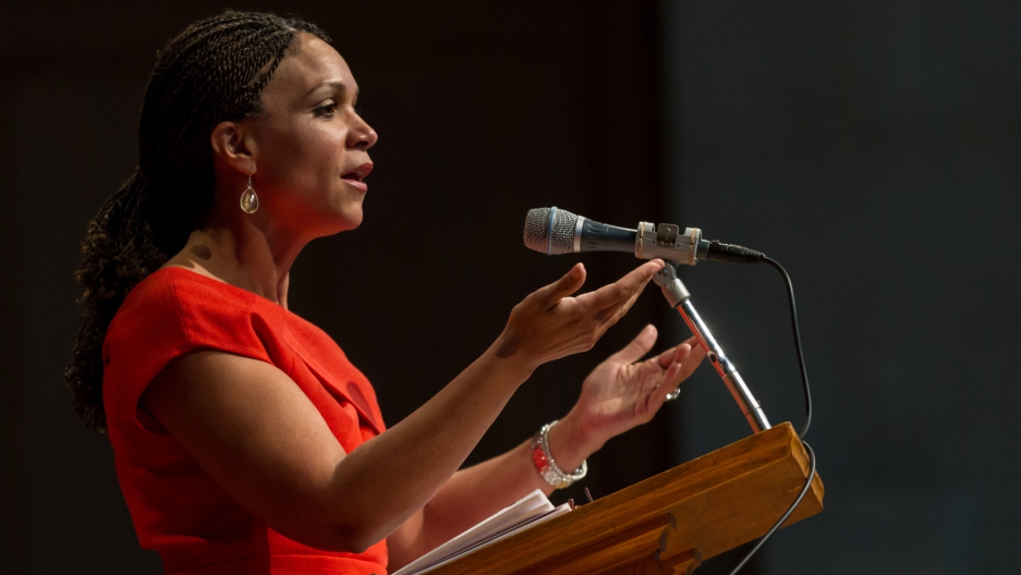 Melissa Harris Perry is a Wake Forest professor, Elle magazine editor-at-large, and former MSNBC hosts. Melissa Harris Perry addresses students at Wake Forest University.