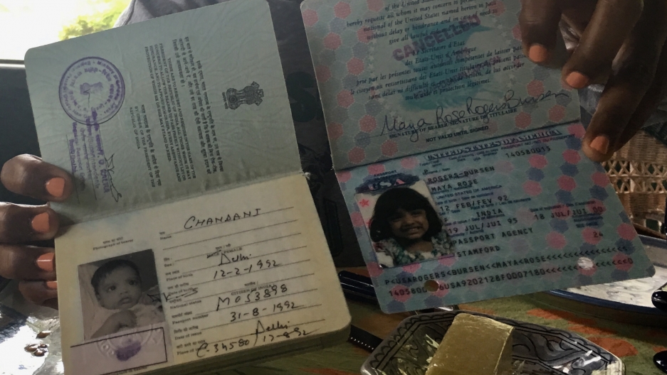 Maya Rogers-Bursen, 26, holds her old Indian passport and a newer American one, each with different names. Maya Rogers-Bursen, 26, holds her old Indian passport and a newer American one, each with different names.