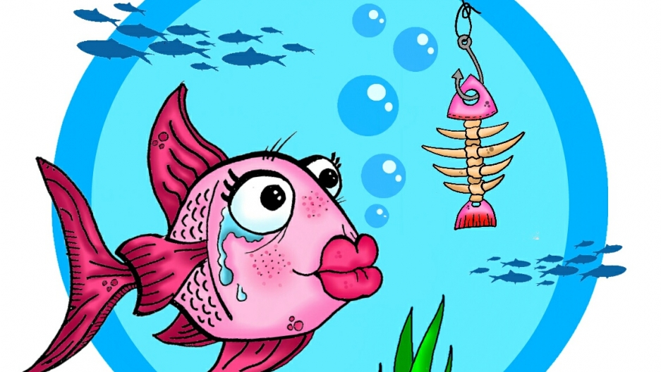 cartoon of cartoonist Eaten Fish as a fish underwater seeing a big hook at the end of a fishing line with a fish bone on it.